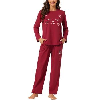 cheibear Women's Pajama Set Nightwear Lounge Cute Cat Long Sleeve Tops with Pants Sleepwear