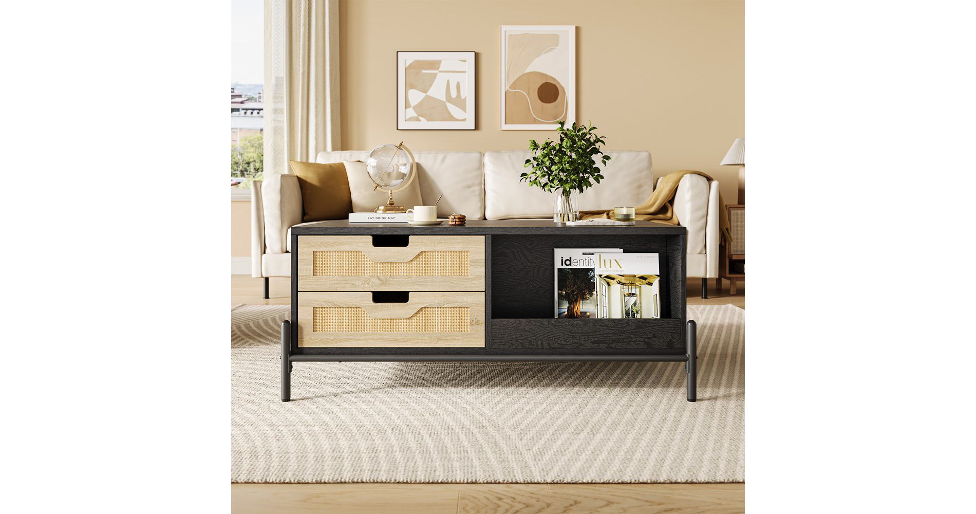 WhizMax Rattan Coffee Table with LED Lights, Mid Century Modern Coffee Table with 4 Drawers and Open Storage Shelf, Wooden Living Room Coffee Table