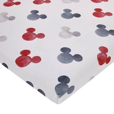 NoJo Disney Mickey Mouse - Black, White, Gray and Red Watercolor Mickey Ears Nursery Fitted Mini Crib Sheet
