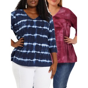 Agnes Orinda Women's Plus Size Tie Dye 3/4 Sleeve Comfy Stripe 2 Pcs Blouses - 1 of 4