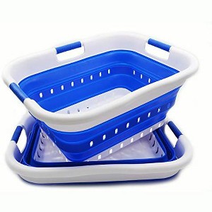SAMMART 41L Set of 2 Collapsible Plastic Laundry Basket with 3 Handles, White/Dark Blue - 1 of 4