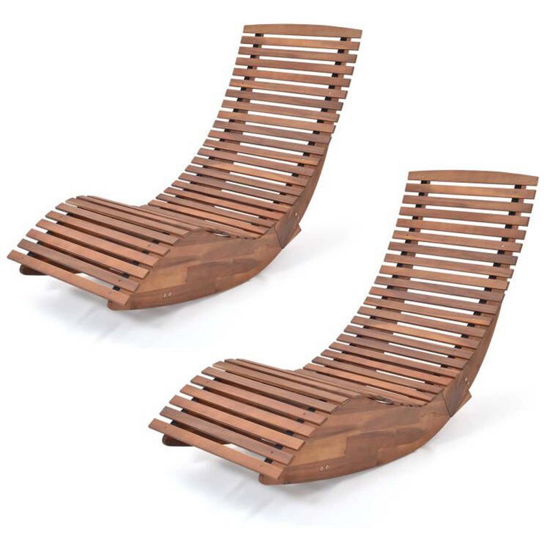 Costway 1/2 PCS Outdoor Acacia Wood Rocking Chair with Widened Slatted Seat and High Back, 1 of 9