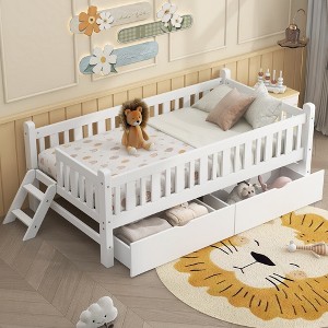 SeaCamel White Twin Wood Platform Bed with Guardrail - 2 Storage Drawers, Kids/Bedroom Use - 1 of 4