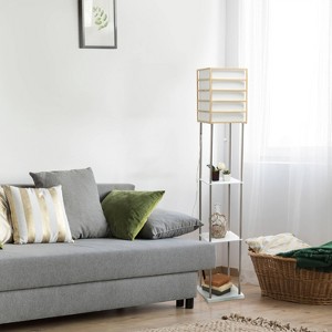 Metal/Wood Etagere Floor Lamp with Storage Shelves and Linen Shade Brushed Nickel - Lalia Home: Modern Design, UL Listed, MDF Display Shelves - 1 of 4