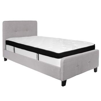 Emma and Oliver Twin Two Button Tufted Platform Bed/Memory Foam Mattress-Light Gray Fabric