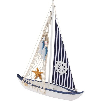 Juvale Wooden Sailing Boat Home Decor, Beach Nautical Design Sailboat with Ship's Wheel, 13 x 15 x 3 In