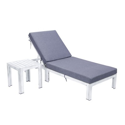 LeisureMod Chelsea Modern Outdoor Weathered Grey Chaise Lounge Chair With Side Table and Cushions