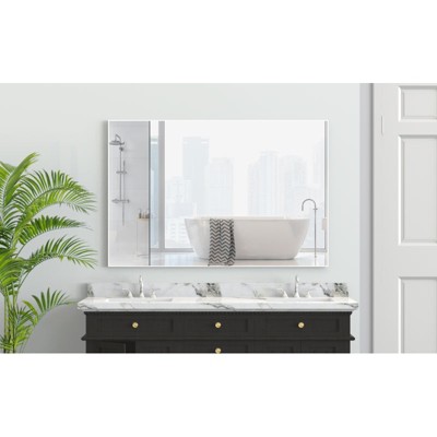 Munora 60"x40" Oversized Rectangle Bathroom Mirror, Large Modern Wall Mirror with Silver Aluminum Frame and Removable Tray