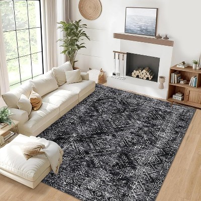 9x12,Washable Runner Rug Runner Vintage Rug Non Slip Kitchen Rug Distressed Grey Rug Low Pile Entryway Rug Soft Bathroom Rugs Stain Black