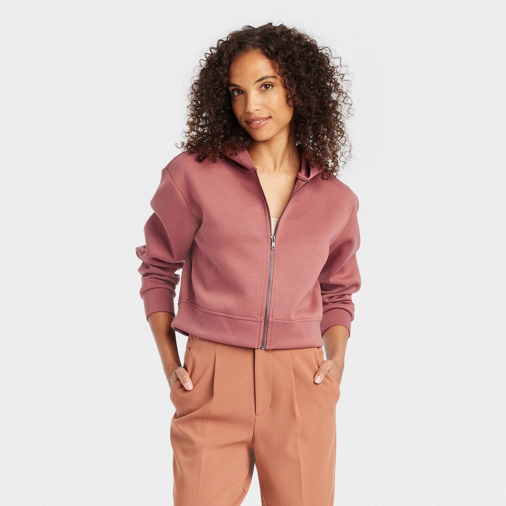 Women's Double Knit Zip Hoodie Sweatshirt - A New Day™ Rust L