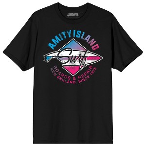 Jaws Franchise Amity Island Surf Boards  Repair New England On Black Adult Crew Neck Short Sleeve T-shirt - 1 of 3