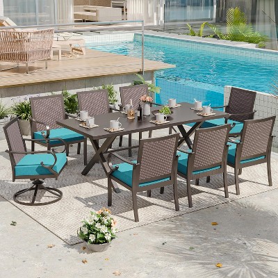 ALAULM Patio Dining Set Outdoor Furniture, Metal Furniture Set Fixed Chairs and Large Table with Umbrella Cutout,for Garden,Porch, Deck, Backyard