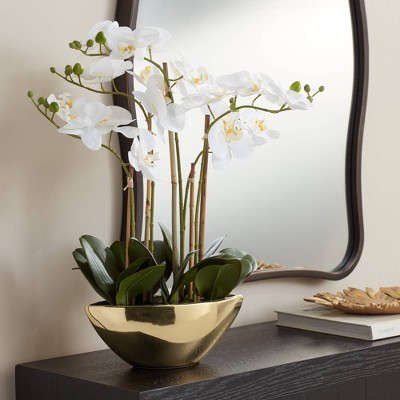 White Orchid Faux Flower Arrangement in Gold Ceramic Pot