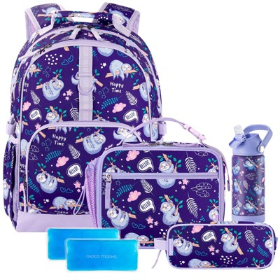 Sloth Backpack School Backpack Set for Girls, Kids Backpacks and Lunch Box Set with Water Bottle Elementary School 17 Inch Bookbag, Purple