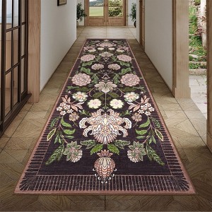 Washable Floral Botanical Rug Non Slip Low Pile Rug Soft Vintage Throw Floor Cover Foldable Indoor Carpet for Living Room Bedroom Playroom Kids Room - 1 of 4