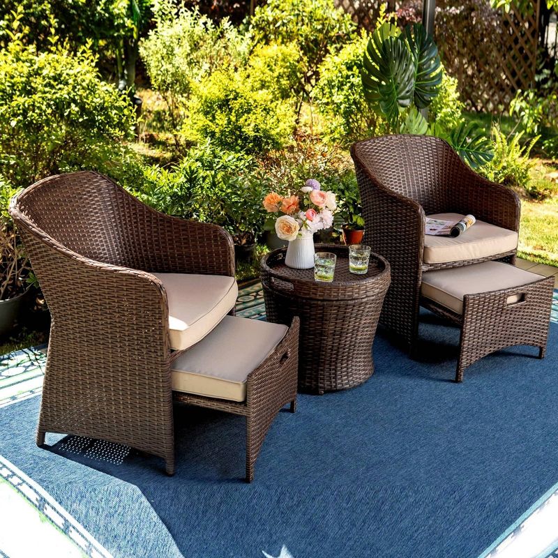 5pc Rattan Conversation Set with Chairs, Ottomans &#38; Storage Side Table - Captiva Designs, 4 of 16