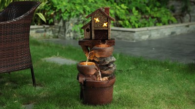 Rustic Brown Resin Birdhouse Outdoor Fountain with LED Lights