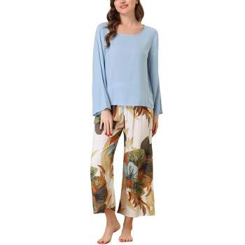 cheibear Womens 2pcs Long Sleeve Capri Pants Floral Lounge Set Sleepwear Pajama Sets