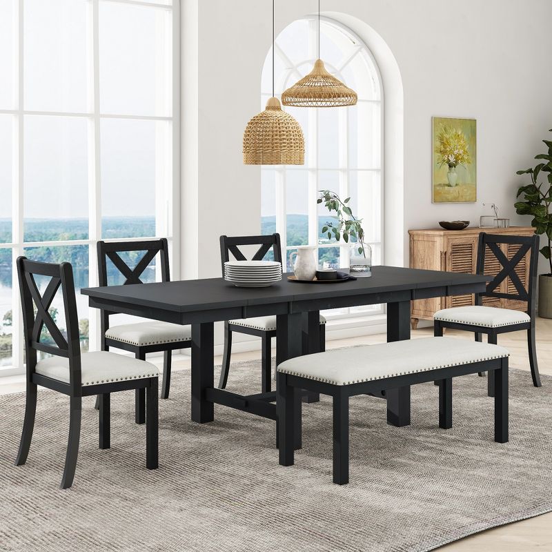 Farmhouse 6-Piece Expandable Dining Table Set with 4 Upholstered Chairs and 1 Bench - ModernLuxe, 3 of 14
