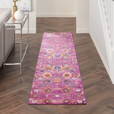 Fuchsia Floral Synthetic Runner Rug with Latex Backing