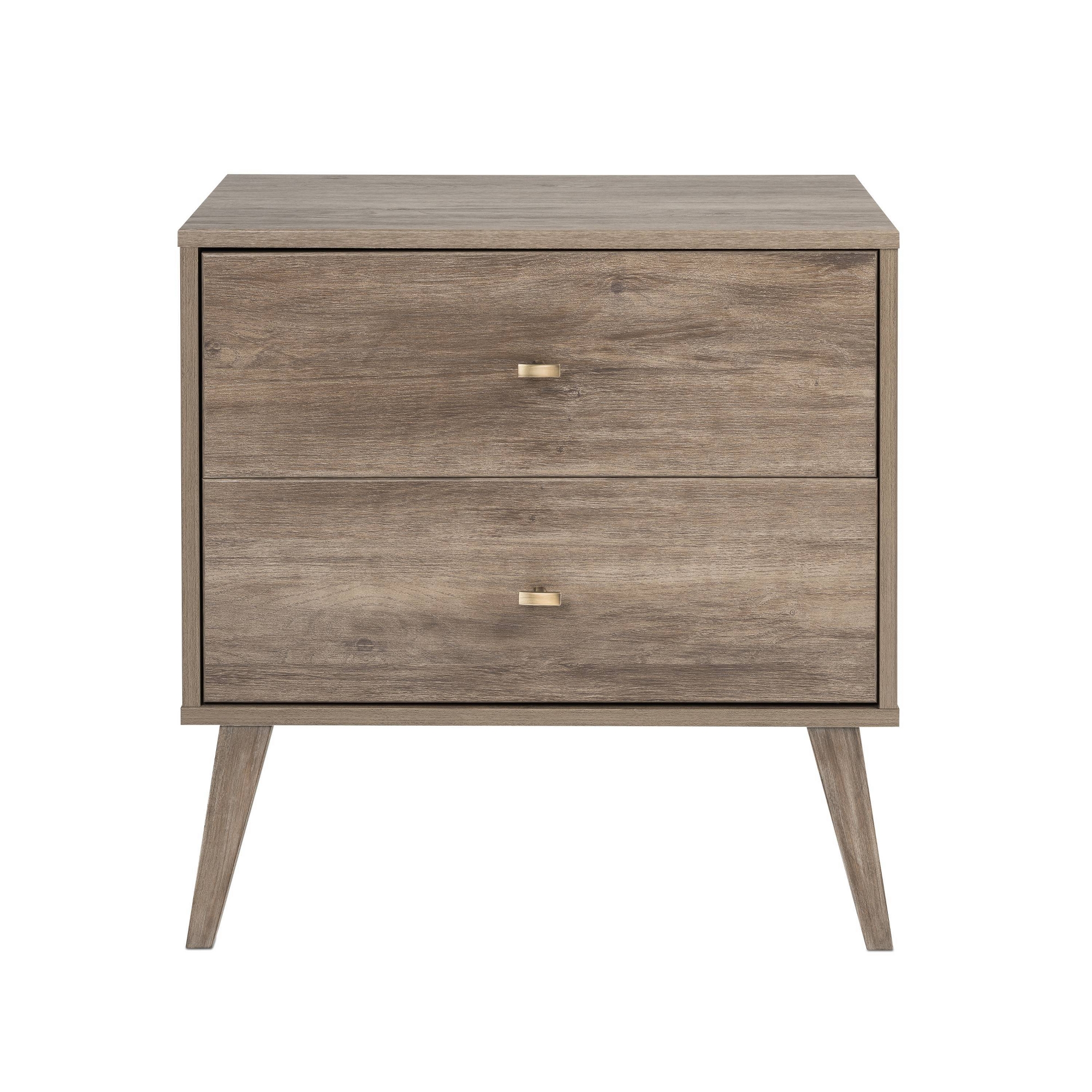 Prepac Mid Century Modern 2 Drawer Wide Nightstand Drifted Gray : Rubberwood Construction, Rectangle Shape, 25" Height
