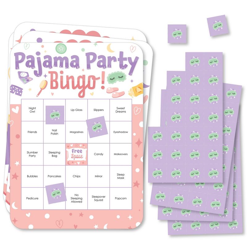 Big Dot of Happiness Pajama Slumber Party - Bingo Cards and Markers - Girls Sleepover Birthday Party Bingo Game - Set of 18, 1 of 7