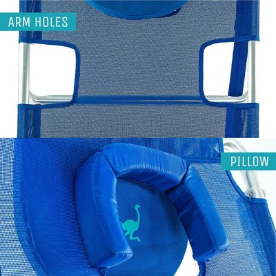 Blue Aluminum Folding Beach Chair with Wooden Armrests and Cushions