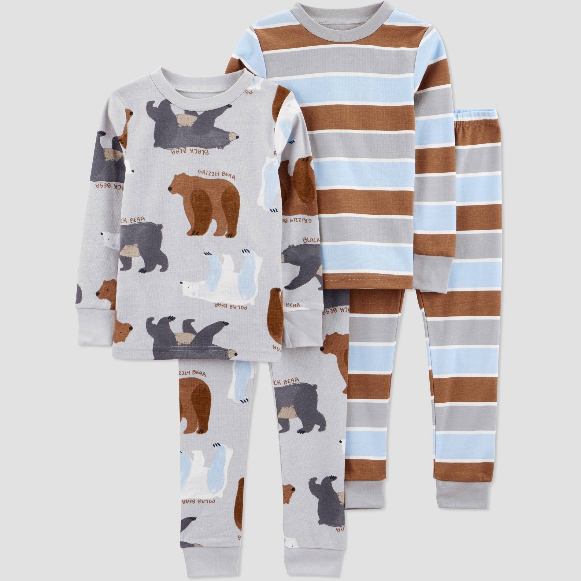 Carter's Just One You® Toddler Boys' 4pc Bears & Stripes Long Sleeve Cotton Pajama Set - Brown/Gray 2T