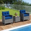 Tangkula Set of 3 Wicker Rocking Set Patio w/ Tempered Glass Table & Soft Cushions - 3 of 4