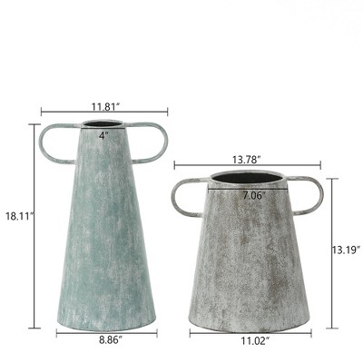 Set of 2 Distressed Blue and Gray Metal Vases