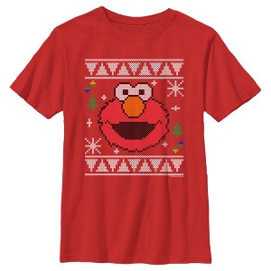 Boy's Sesame Street Elmo Face Ugly Christmas Sweater Print T-Shirt - 1 of 4