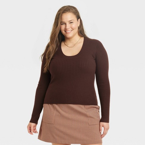 Women's Plus Size Lurex V-Neck Sweater - Ava & Viv Burgundy X
