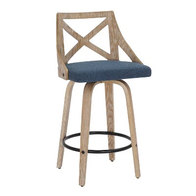 Set of 2 Blue Swivel Counter Height Stools with Wood Frame