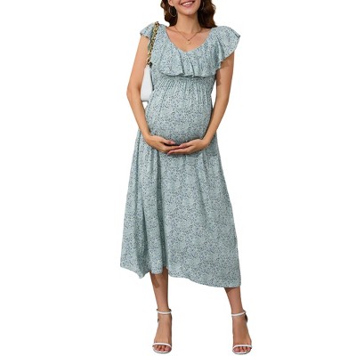 Women Maternity Casual V Neck Ruffle Cap Sleeveless Summer Boho Sundress Flowy Maxi Dress Baby Shower
