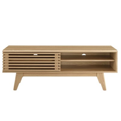 Modern Oak 48" TV Stand with Slatted Cabinet and Tapered Legs