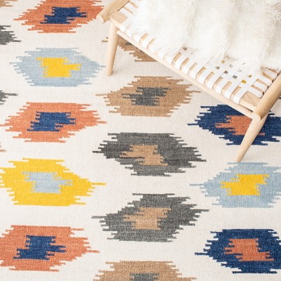 Ivory and Multicolor Geometric Wool Flat Woven Rug, 3' x 5'