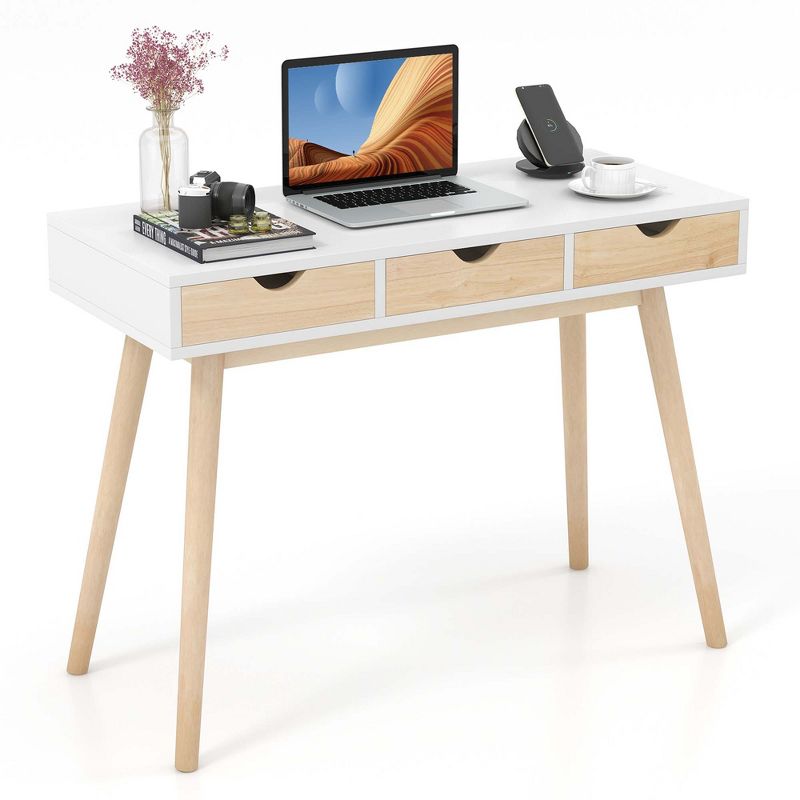 Costway Computer Desk 40'' Wooden Workstation Vanity Table with3 Drawers & Rubber Wood Legs, 1 of 11