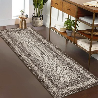 Area Rug Braided Printed Throw, Non-Slip Low Pile Accent Carpet, Foldable Soft Floor Cover for Bedroom or Living Room, Mocha