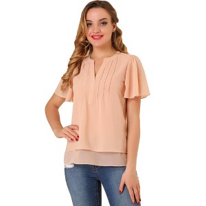 INSPIRE CHIC Women's Y Neck Short Sleeve Solid Chiffon Blouses - 1 of 4