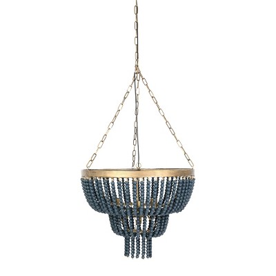 Blue Wood Bead 2-Tier Chandelier with Brass Accents