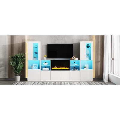 TinyHomieModern TV Stand 342 Non heating Fireplace High Gloss LED Tempered Glass Shelves TVs up to 75 White