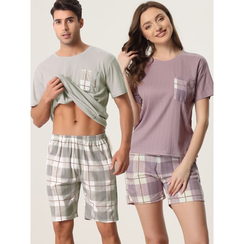 cheibear Women's Sleepwear Short Sleeve T-Shirt with Plaid Shorts Couple Pajama Sets, 2 of 7