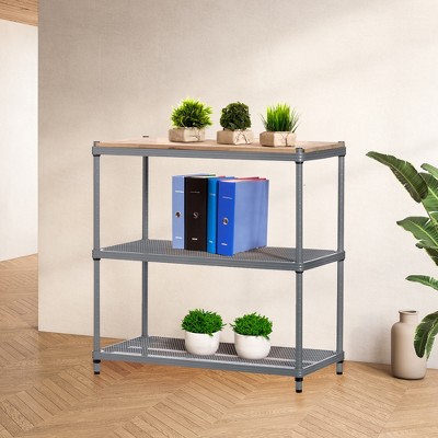 Silver Metal Mesh Storage Workbench with Wood Top