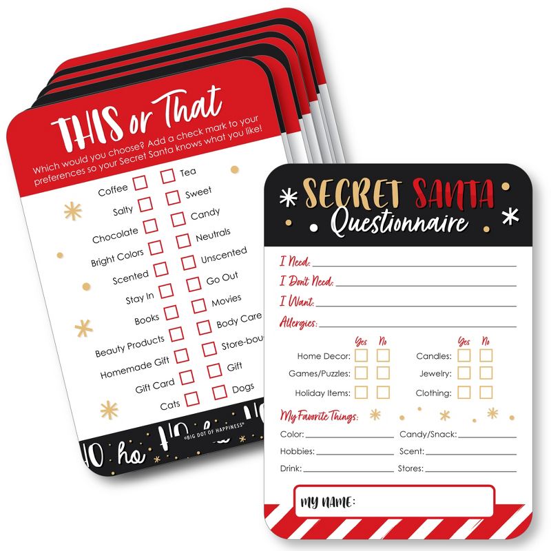 Big Dot of Happiness Secret Santa Fill-In Questionnaire Form - Christmas Gift Exchange Party Cards - Activity Duo Games - Set of 20, 1 of 9
