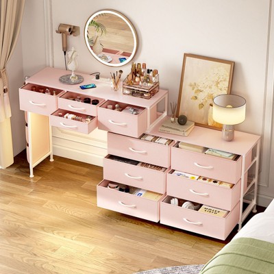 WOWLIVE Dresser for Bedroom with Charging Station and LED Light, Rotatable Vanity Desk with Fabric Drawers and Side Pockets, HD041