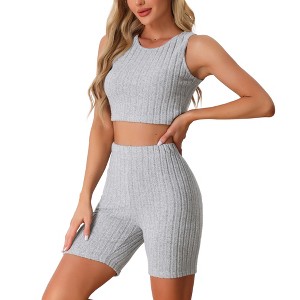 cheibear Women's Summer Sleeveless Ribbed Knit Tank Top with Jogger Biker Shorts Pajamas - 1 of 4