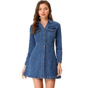 Allegra K Women's Button Down Collar V Neck Long Sleeve A-line Denim Dress - 1 of 4