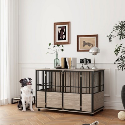 LAOTIES 46" Dog Crate Furniture with Double Doors,Indoor Wooden Pet Kennel End Table for Dogs up to 88 lbs,Decorative Cage