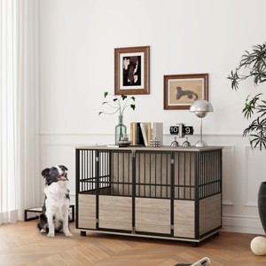 LAOTIES 46" Dog Crate Furniture with Double Doors,Indoor Wooden Pet Kennel End Table for Dogs up to 88 lbs - 1 of 4