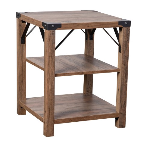 Flash Furniture Wyatt Modern Farmhouse Wooden 3 Tier End Table with Black  Metal Corner Accents and Cross Bracing, Rustic Oak